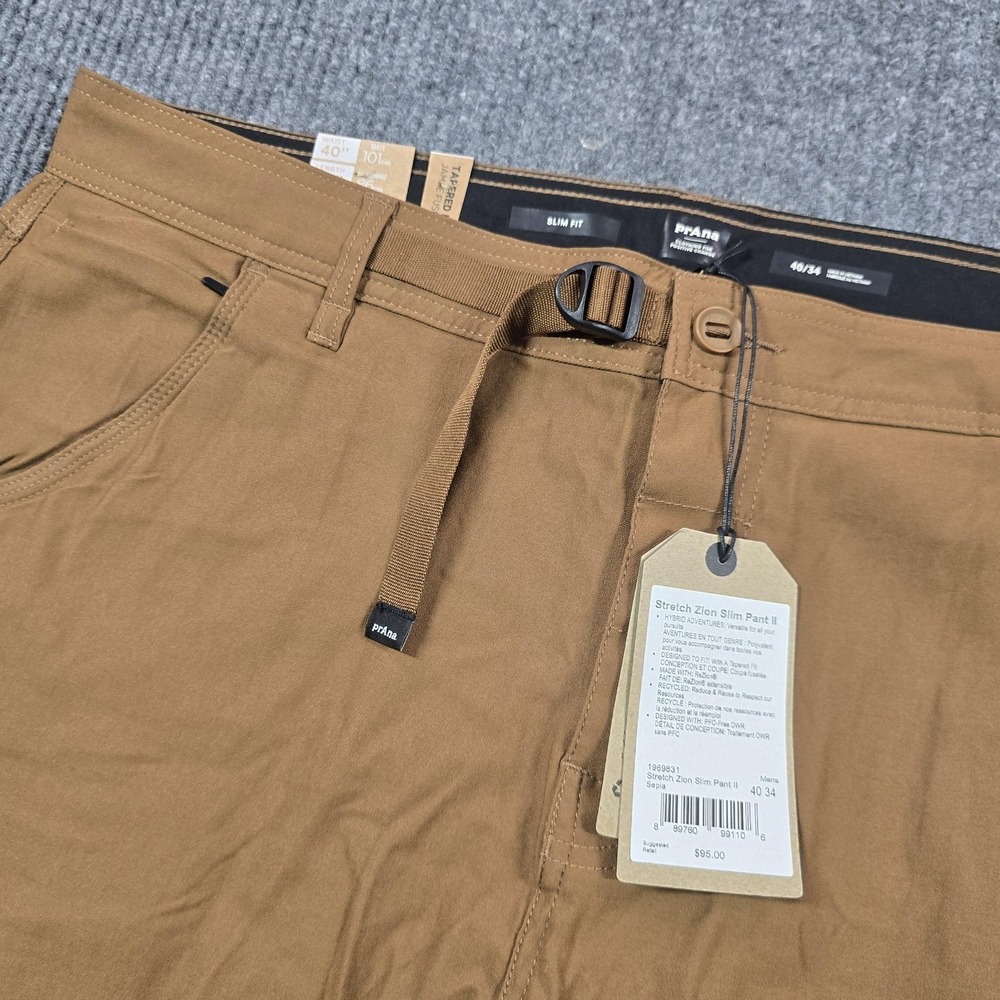 PrAna Stretch Zion Slim Pant‎ II Pants Mens 40x34 Brown Tapered Cargo Hiking NEW